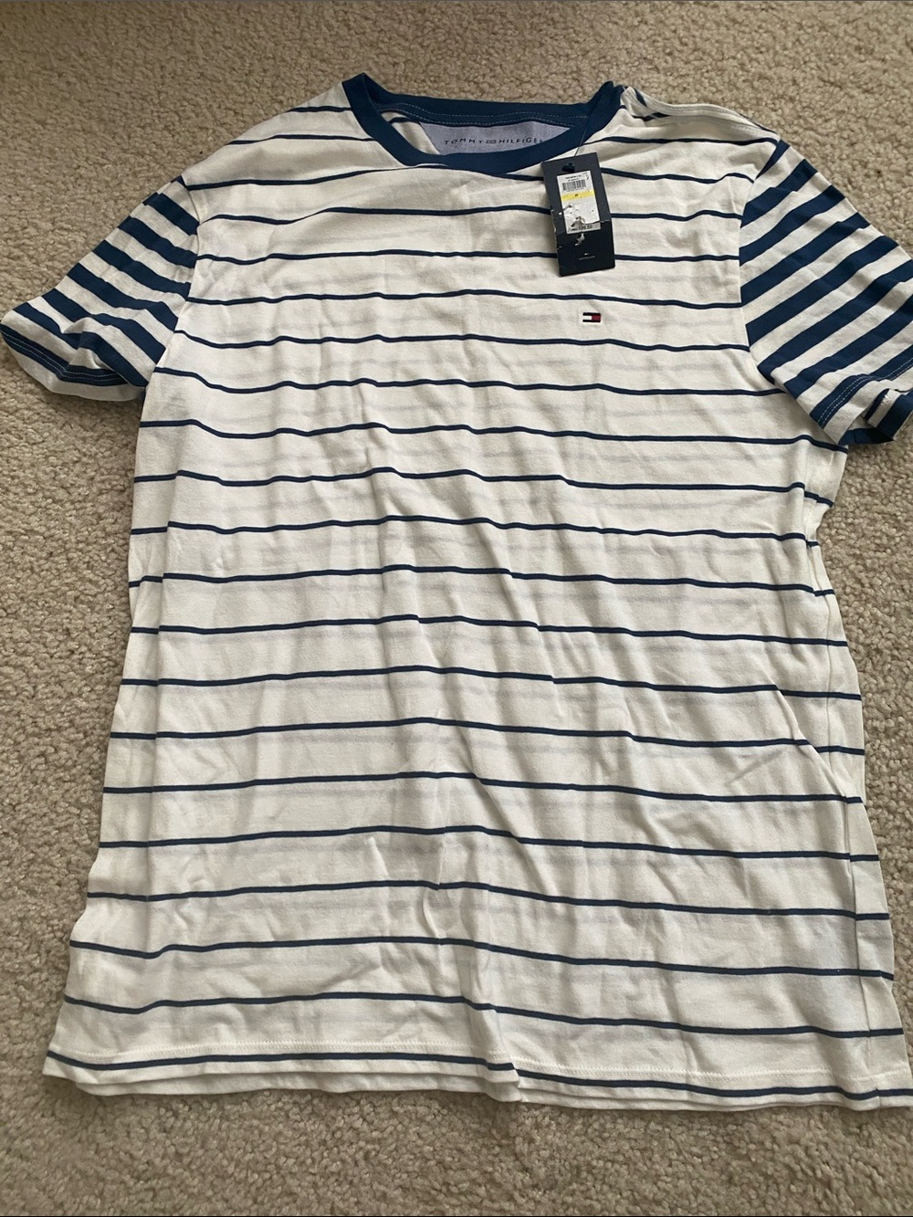 Tommy Hilfiger White and Navy Striped Short Sleeve M